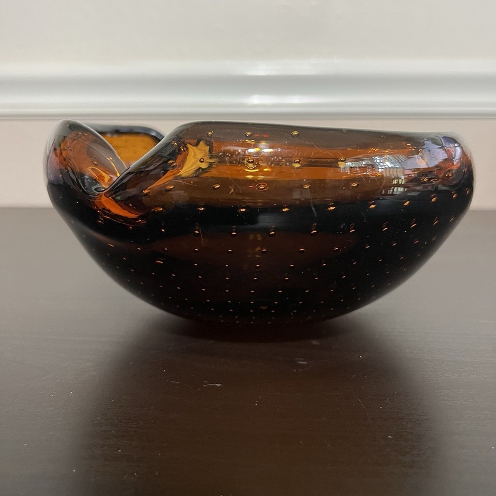 Vintage MCM Blenko Glass Ashtray Amber Glass Controlled Bubble Plants Amorphous